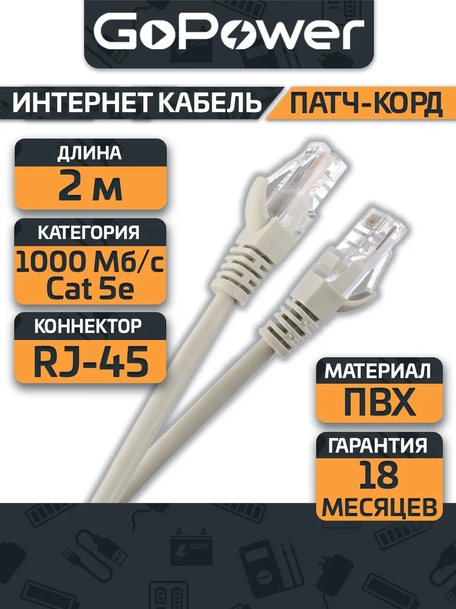Интернет кабель - патч корд cat 5e, utp, пвх, 2 м