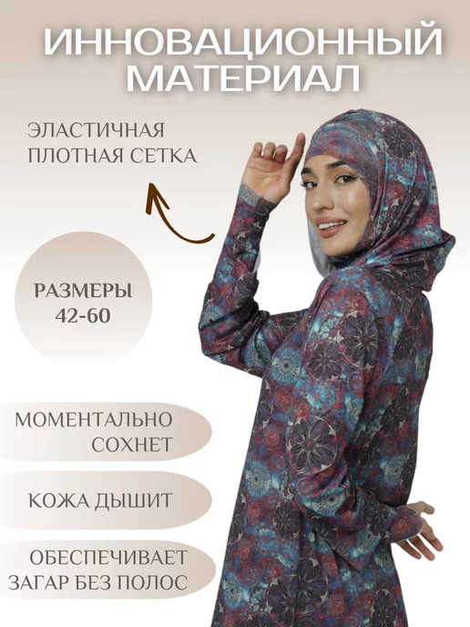 Muslim-style Умный купальник Буркини с spf защитой 4 в 1, голубой, фото 3