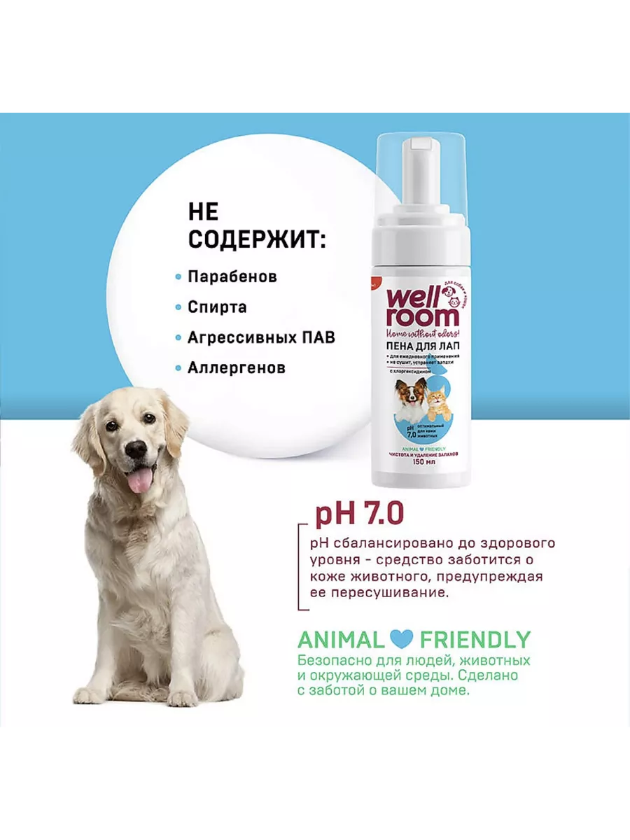 Средство для лап WELLROOM Пенка для мытья лап антибактериальная Pet Care