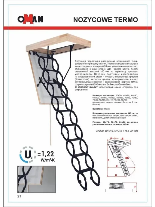 OMAN 70х120х290 NOZYCOWE TERMO лестница чердачная с люком, 120x290, фото 7