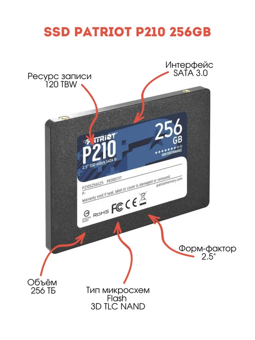 PATRIOT SSD диск для пк ноутбука внутренний 256GB, 256 ГБ, фото 2