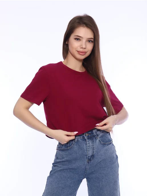 Топ кроп футболка оверсайз укороченная бордовая