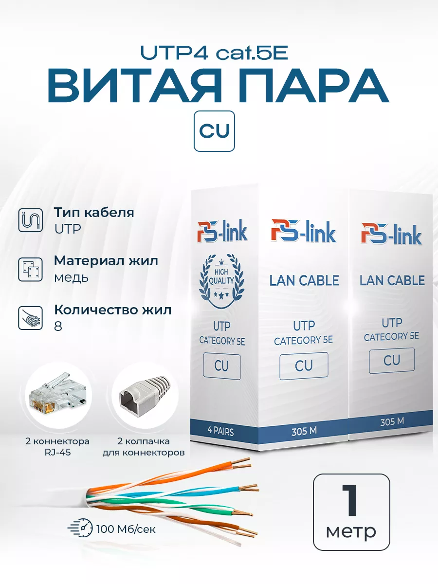 Кабель UTP4 cat.5E CU 1 метр UTP-CU01 с коннекторами RJ-45