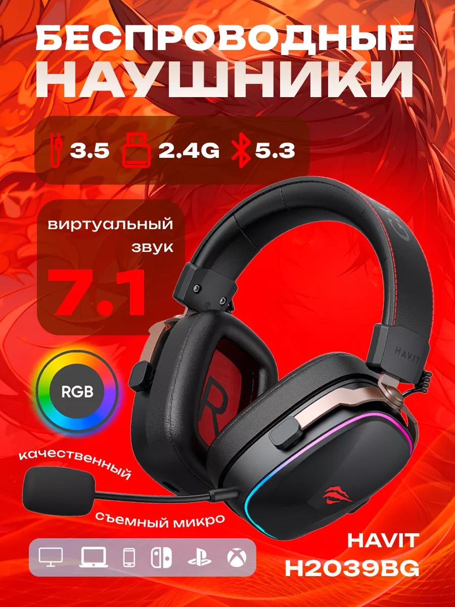 Наушники беспроводные игровые с микрофоном HV-H2039BG Havit 218220058  купить за 4 536 ₽ в интернет-магазине Wildberries