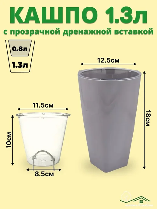 Plast avenue Кашпо 2шт на 1,3л с прозрачной вставкой 0,8л для орхидеи, 2 шт, 1,3 л, фото 3