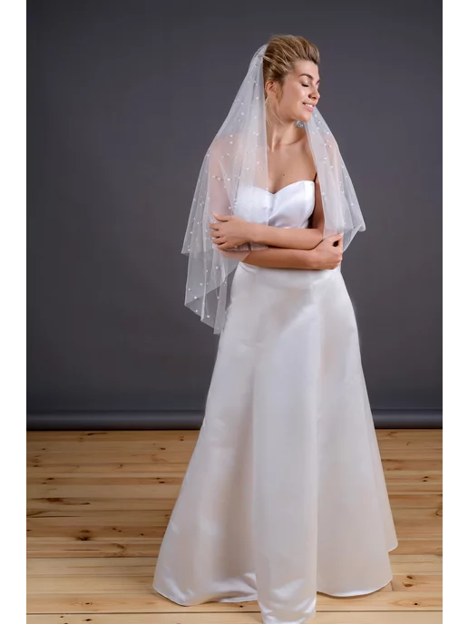 Romantic Wedding Фата невесты на гребне в крупный жемчуг два слоя короткая, белый, фото 3