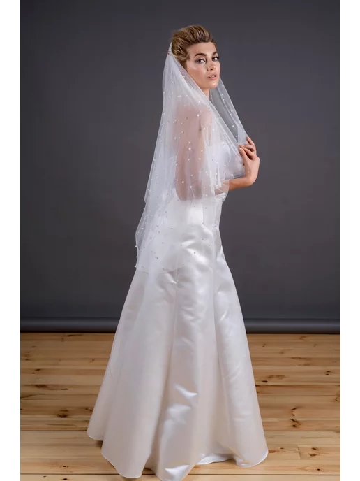Romantic Wedding Фата невесты на гребне в крупный жемчуг два слоя короткая, белый, фото 4
