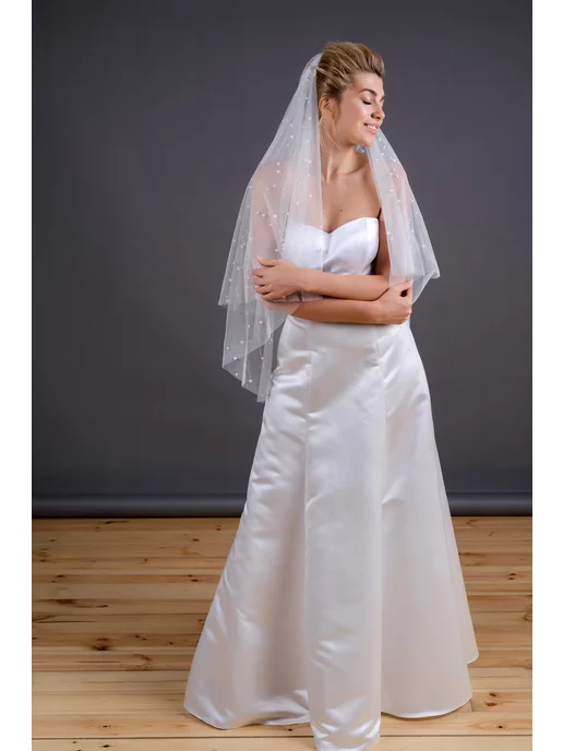 Romantic Wedding Фата невесты на гребне в крупный жемчуг два слоя короткая, белый, фото 5