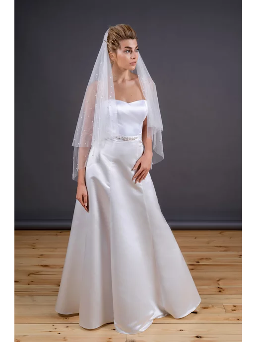 Romantic Wedding Фата невесты на гребне в крупный жемчуг два слоя короткая, белый, фото 6