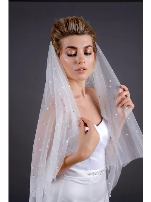 Romantic Wedding Фата невесты на гребне в крупный жемчуг два слоя короткая, белый, фото 8