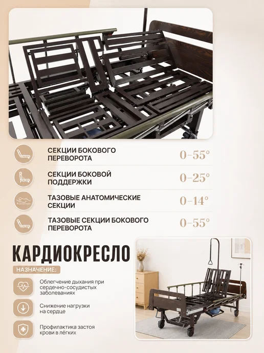 Мед-Мос Кровать медицинская функциональная для лежачих больных YG-5, коричневый, фото 3