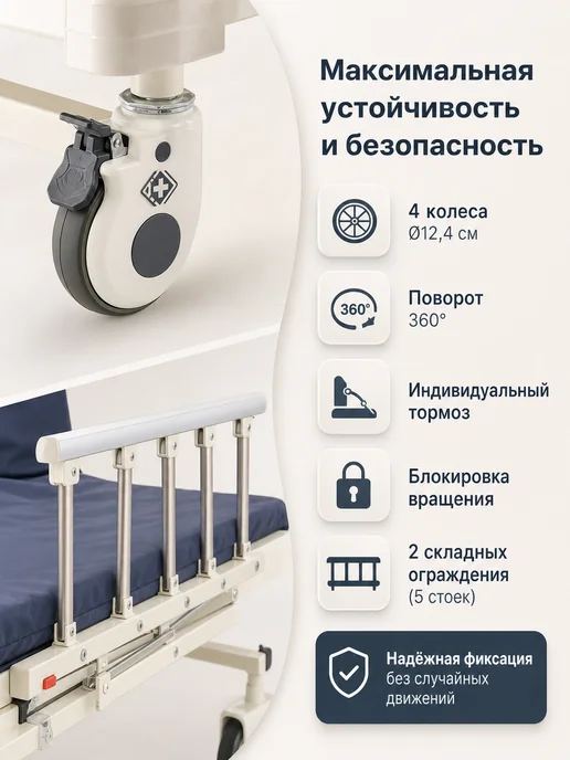 Мед-Мос Кровать медицинская для лежачих больных с подъемным механизм, белый, фото 3