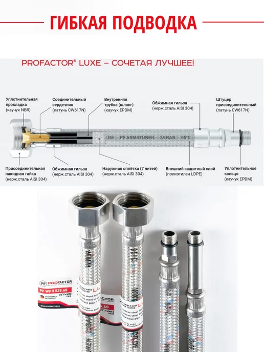 ProFactor Гибкая подводка для смесителей (пара), 1 2"M10 - 50 см, серый, фото 2