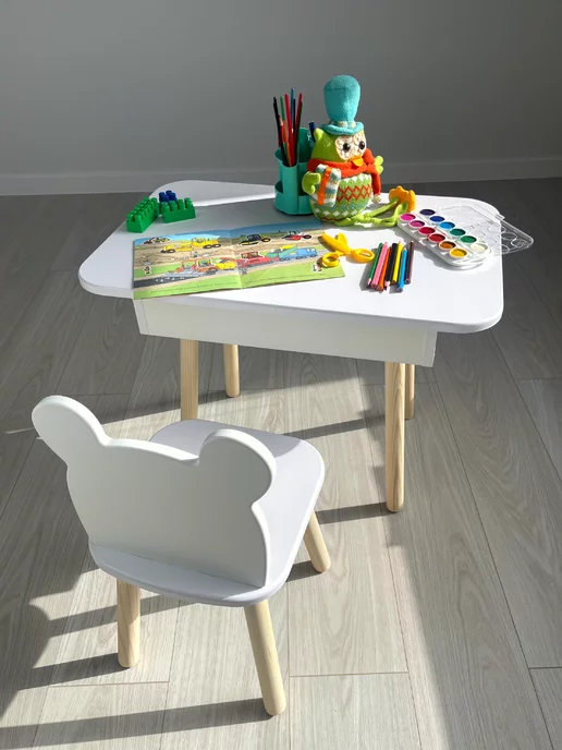 DIMDOMkids Стол-парта детский Классика + стул Мишка белые, белый, фото 2