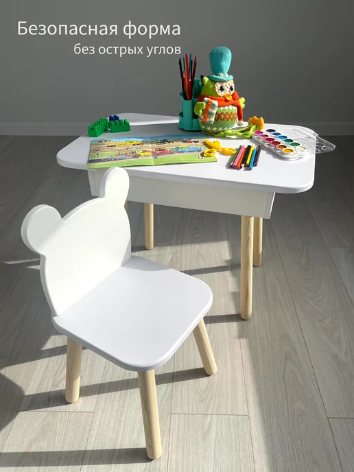DIMDOMkids Стол-парта детский Классика + стул Мишка белые, белый, фото 4