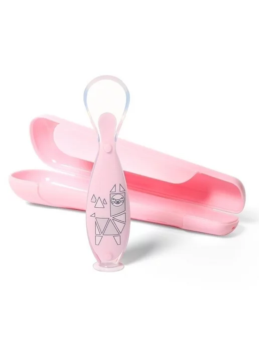 Babyono Ложка детская с присоской и футляром, силиконовая, розовый, фото 2