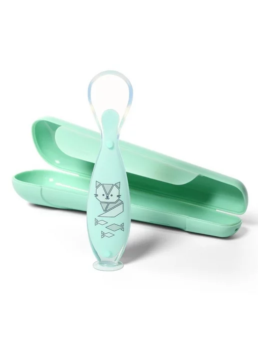 Babyono Ложка детская с присоской и футляром, силиконовая, голубой, фото 2