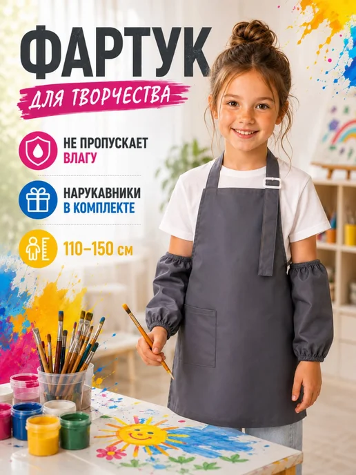 Happy Kids Фартук детский с нарукавниками для рисования, серый, фото 2