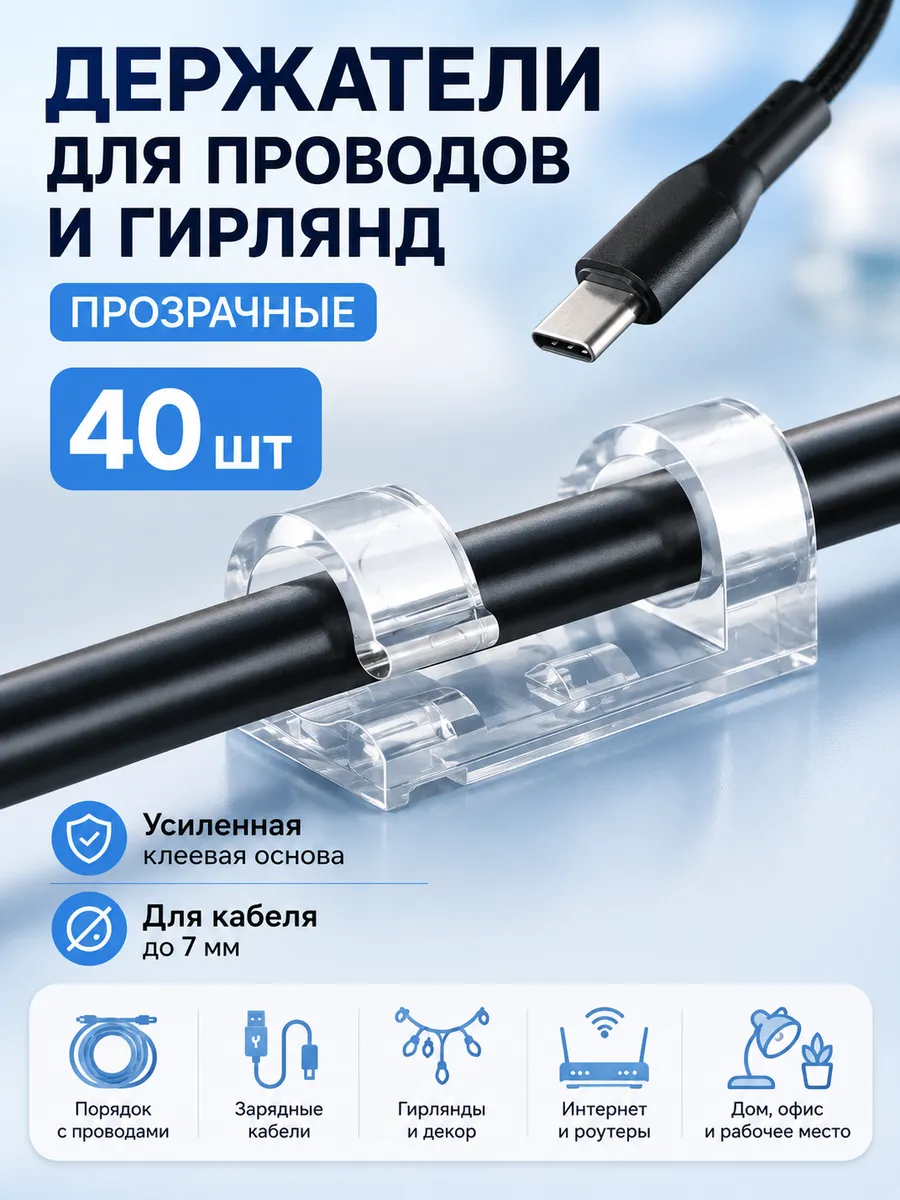 Держатели для проводов самоклеящиеся 40 шт