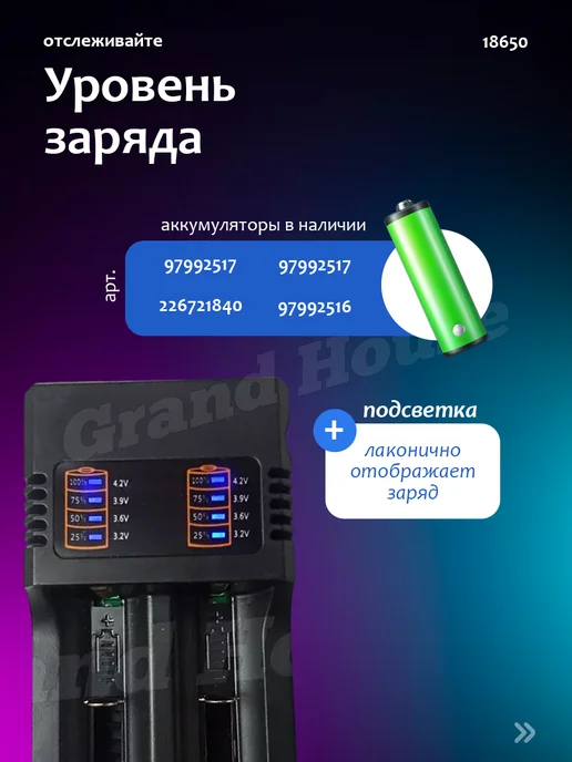 Grand House Зарядное устройство для аккумуляторных батареек 18650, вариант, фото 3
