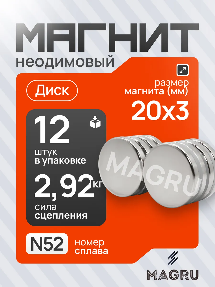 Неодимовый магнит диск 20х3 мм 12шт