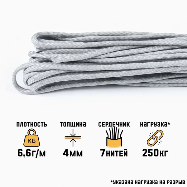 Паракорд 550, серый, d — 4 мм, 10 м