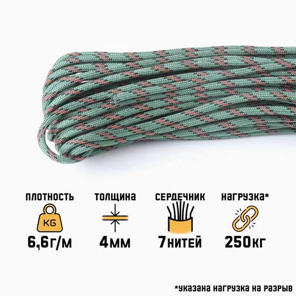 Паракорд 550, зеленый с красным, d — 4 мм, 10 м