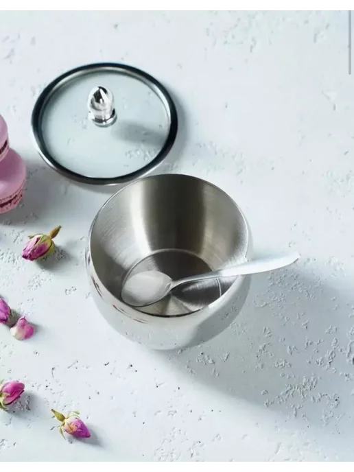 Alisov Store Сахарница металлическая со стеклянной крышкой с ложкой, серый, фото 3
